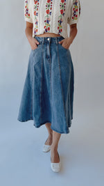 The Bawden Denim Flared Midi Skirt in Blue