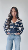 The Reina Scalloped Trim Cardigan in Navy + Taupe Stripe