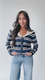 The Reina Scalloped Trim Cardigan in Navy + Taupe Stripe