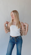 The Borlik Open Crochet Cropped Cardigan in Stone