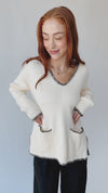 The Dollen Contrast Stitched Sweater in Ivory + Black