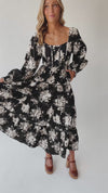 The Marium Tiered Floral Midi Dress in Black