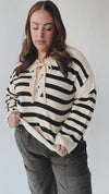 The Dunavant Lace Up Striped Sweater in Cream