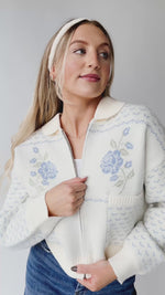 The Anita Rose Knit Jacket in Cream + Blue