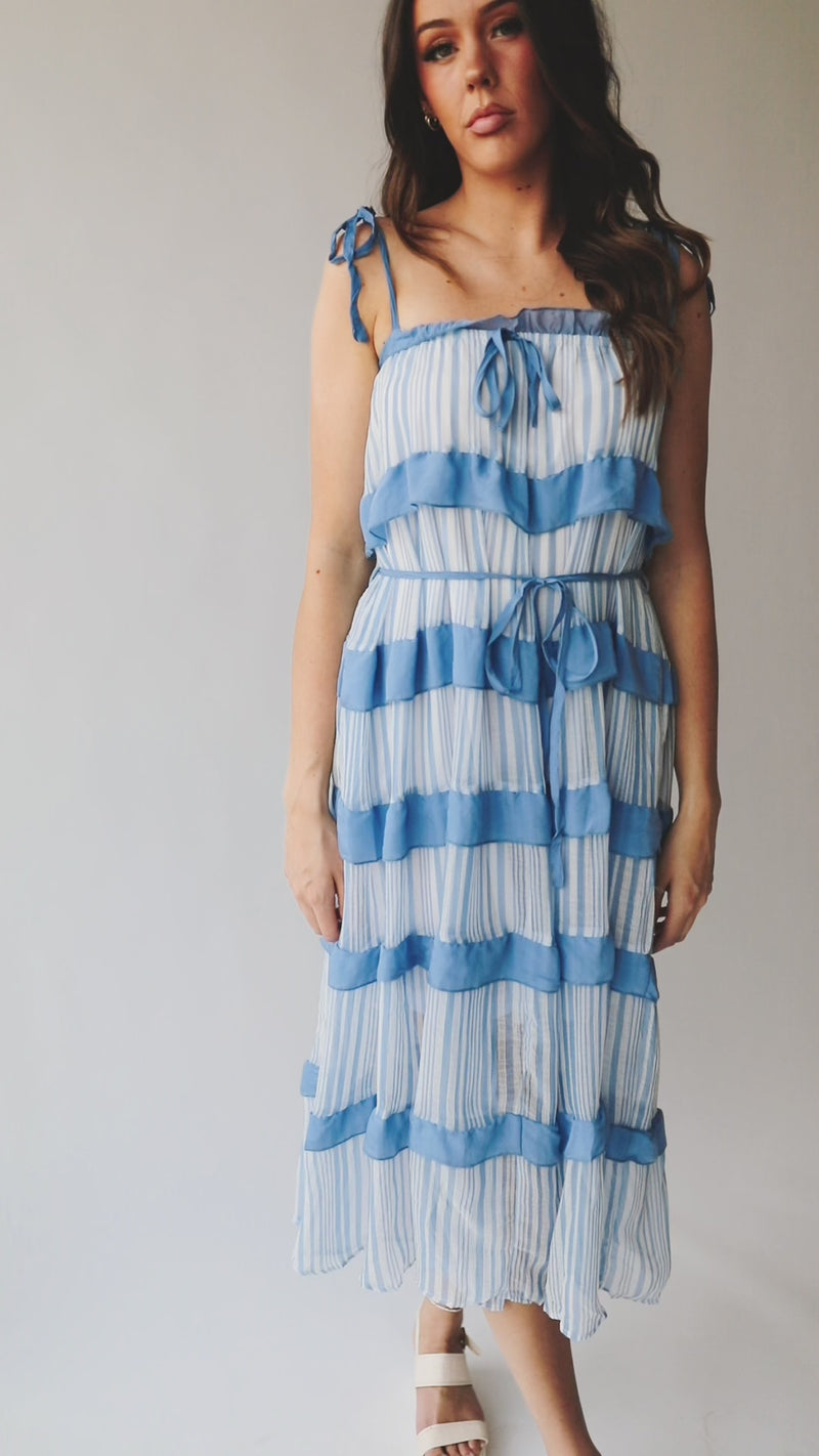 The Crowshaw Tiered Detail Midi Dress in Ocean Blue