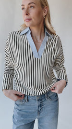 The Kircher Collared V-Neck Sweater in Black + White Stripe