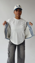 The Marlowe Striped Sherpa Vest in Ivory + Blue