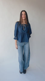 The Stamford Ruffle Detail Blouse in Dark Denim