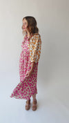 The Libby Blossom Linen Midi Dress in Pink + Orange