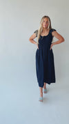 The Malta Shirred Bodice Midi Dress in Navy