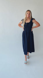 The Malta Shirred Bodice Midi Dress in Navy