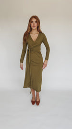 The Boyak Wrap Sweater Midi Dress in Olive