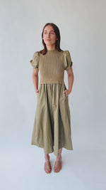 The Fanelli Knit Bodice Midi Dress in Olive