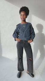 The Torman Gingham Ruffle Blouse in Navy