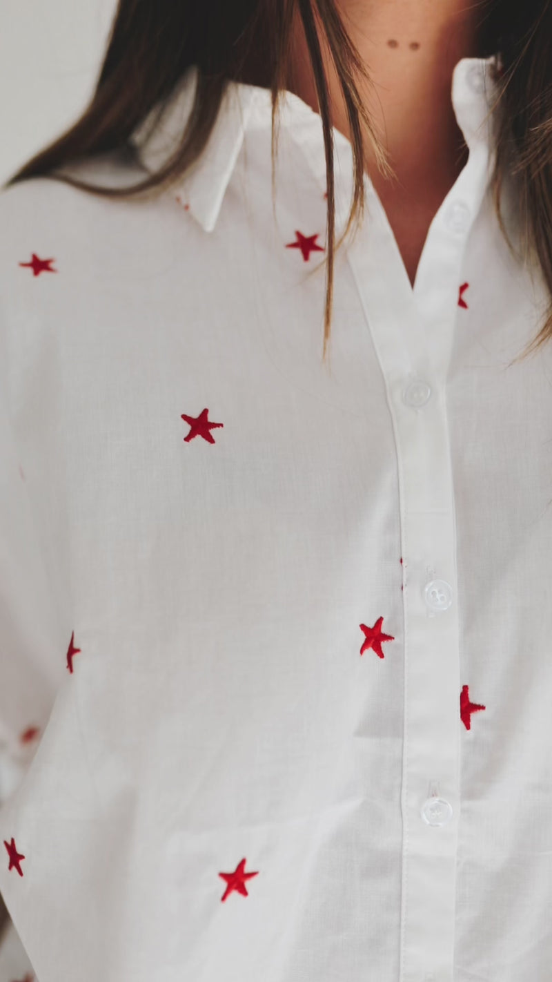 The Kingsland Embroidered Button-Up Blouse in White + Red