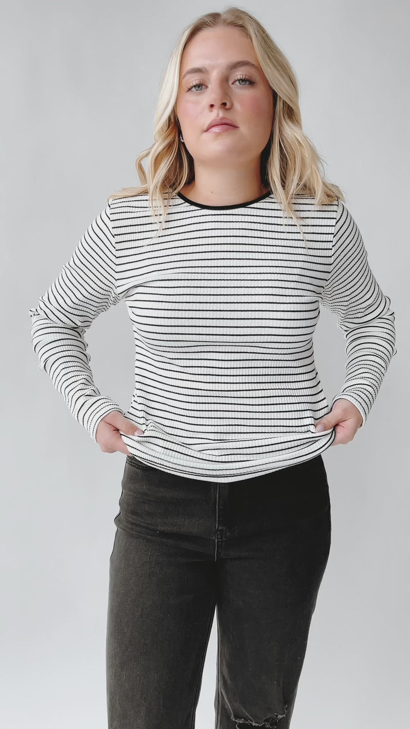 The Largo Striped Long Sleeved Tee in White + Black