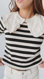 The Camilla Collared Sweater Blouse in Cream + Black Stripe