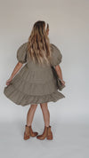 The Tannis Puff Sleeve Gingham Dress in Olive + Ivory