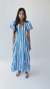The Parrish V-Neck Striped Midi Dress in White + Blue