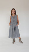 The Margery Striped Bow Detail Midi Dress in Denim + White