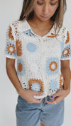 The Meldrum Button-Up Crochet Blouse in White Multi