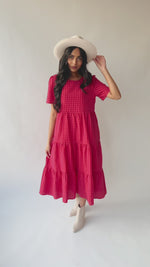 The Maddox Gingham Tiered Midi Dress in Hot Pink