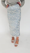 The Malino Embroidered Silk Maxi Skirt in Cream + Blue