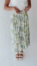 The Epling Button Front Midi Skirt in Blue + Green Floral