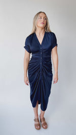 The Kyrie Satin Dolman Sleeve Midi Dress in Navy