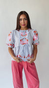 The Rozler Embroidered Blouse in Blue Gingham