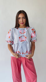 The Rozler Embroidered Blouse in Blue Gingham