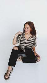 The Bakersfield Button-Up Blouse in Black + Tan Stripe