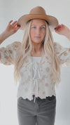 The Eubank Metallic Embroidered Floral Blouse in Beige