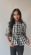 The Brenna Gingham Tie Blouse in Black