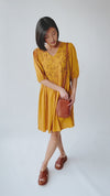 The Delaina Embroidered Floral Dress in Dark Mustard