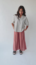 The Minerva V-Neck Button-Up Blouse in Black Stripe