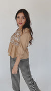 The Glidden Embroidered Peplum Blouse in Taupe