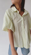 The Whipple Balloon Sleeve Button-Up Blouse in Lime Stripe