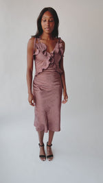 The Tragis Satin Ruffle Midi Dress in Chestnut