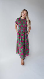 The Kristin Floral Smocked Maxi Dress in Kelly Green + Pink