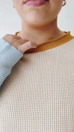 The Bellevue Colorblock Waffle Knit Sweater in Cream + Mustard