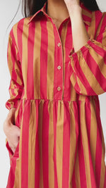 The Barton Tiered Midi Dress in Red + Taupe Stripe