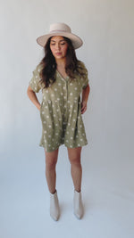 The Galarza Button-Up Floral Romper in Olive Green