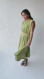 The Keller Pleated Midi Skirt in Olive Green