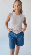 The Gianni Striped Ruffle Tank in Mushroom