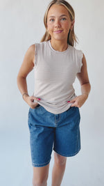 The Gianni Striped Ruffle Tank in Mushroom