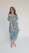 The Bamberg Embroidered Bubble Sleeve Dress in Dusty Blue