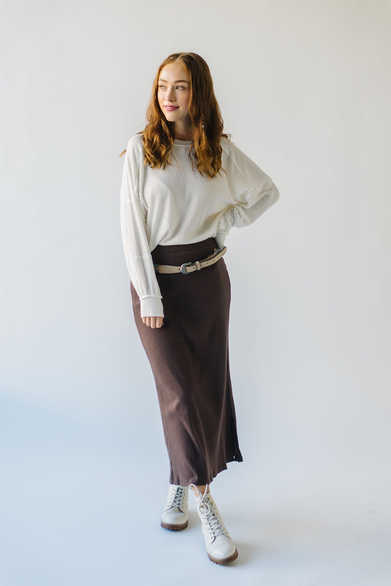 The Delphi Ribbed Midi Skirt in Chocolate Brown