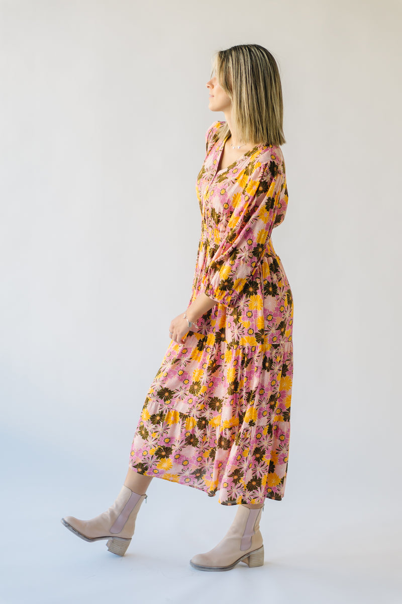 The Cloverdale Tiered Midi Dress in Pink Multi