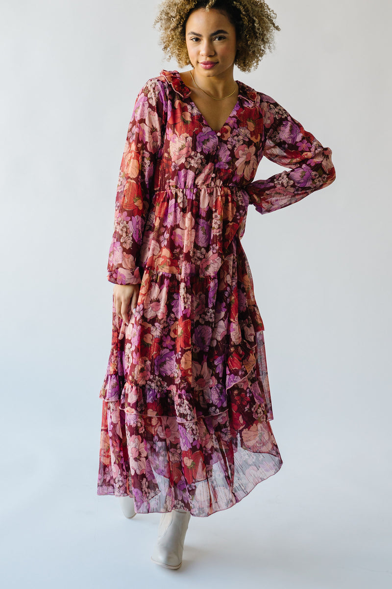 The Irina V-Neck Maxi Dress in Brown Multi